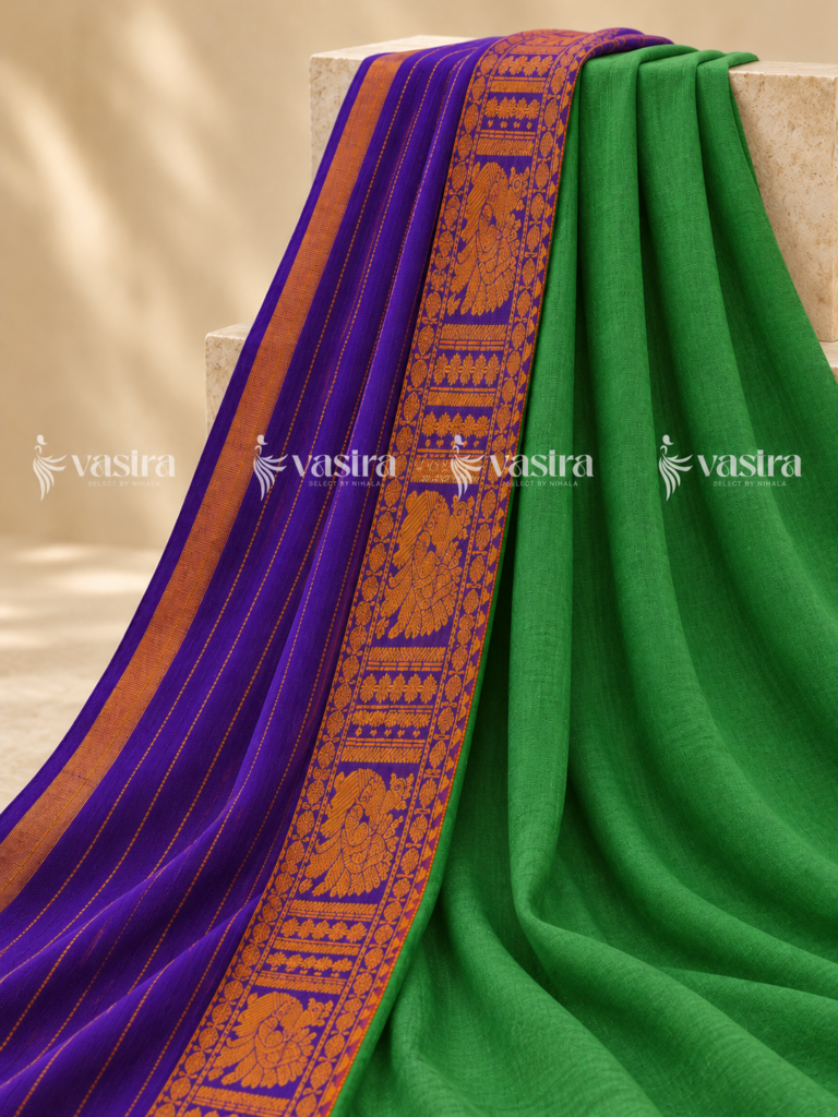 Green and royal purple Narayanpett saree with gold zari border – view 1
