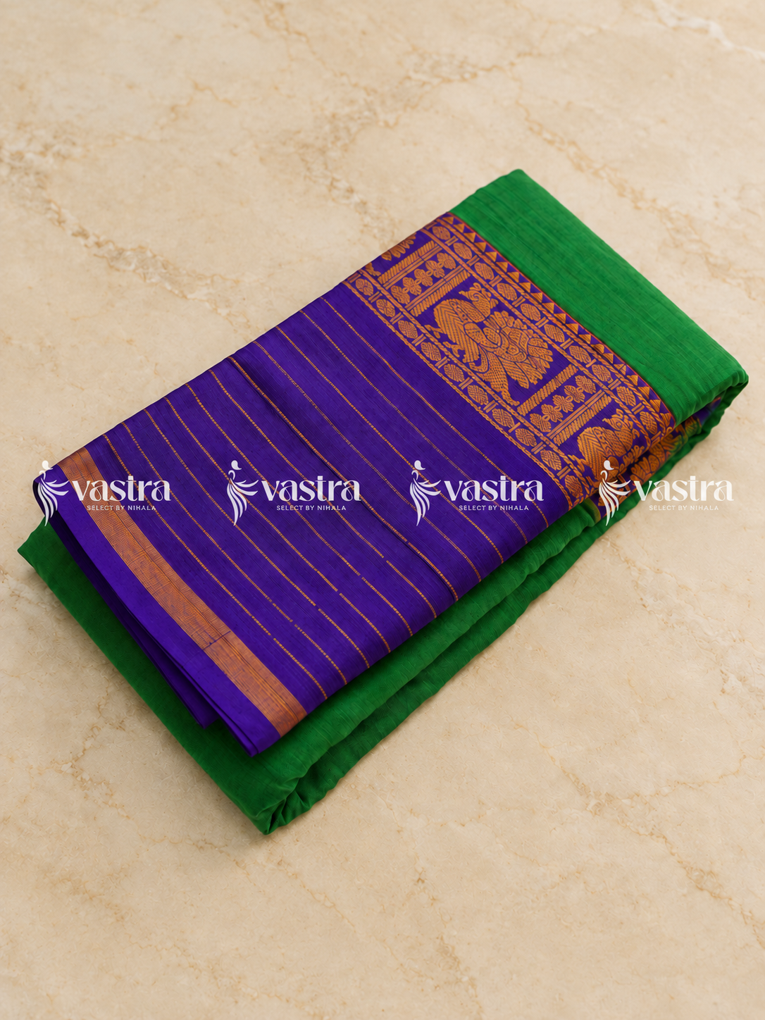 Green and royal purple Narayanpett saree with gold zari border – view 2