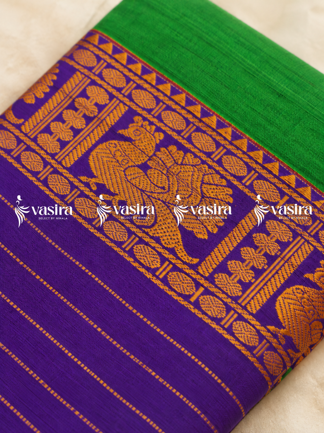 Green and royal purple Narayanpett saree with gold zari border – view 3