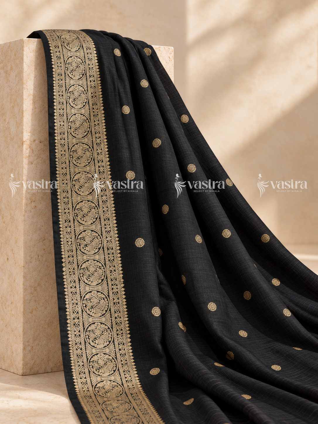 Black Manipurti linen saree with gold zari border – view 1