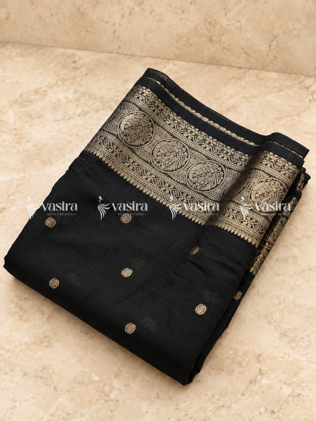 Black Manipurti linen saree with gold zari border – view 2