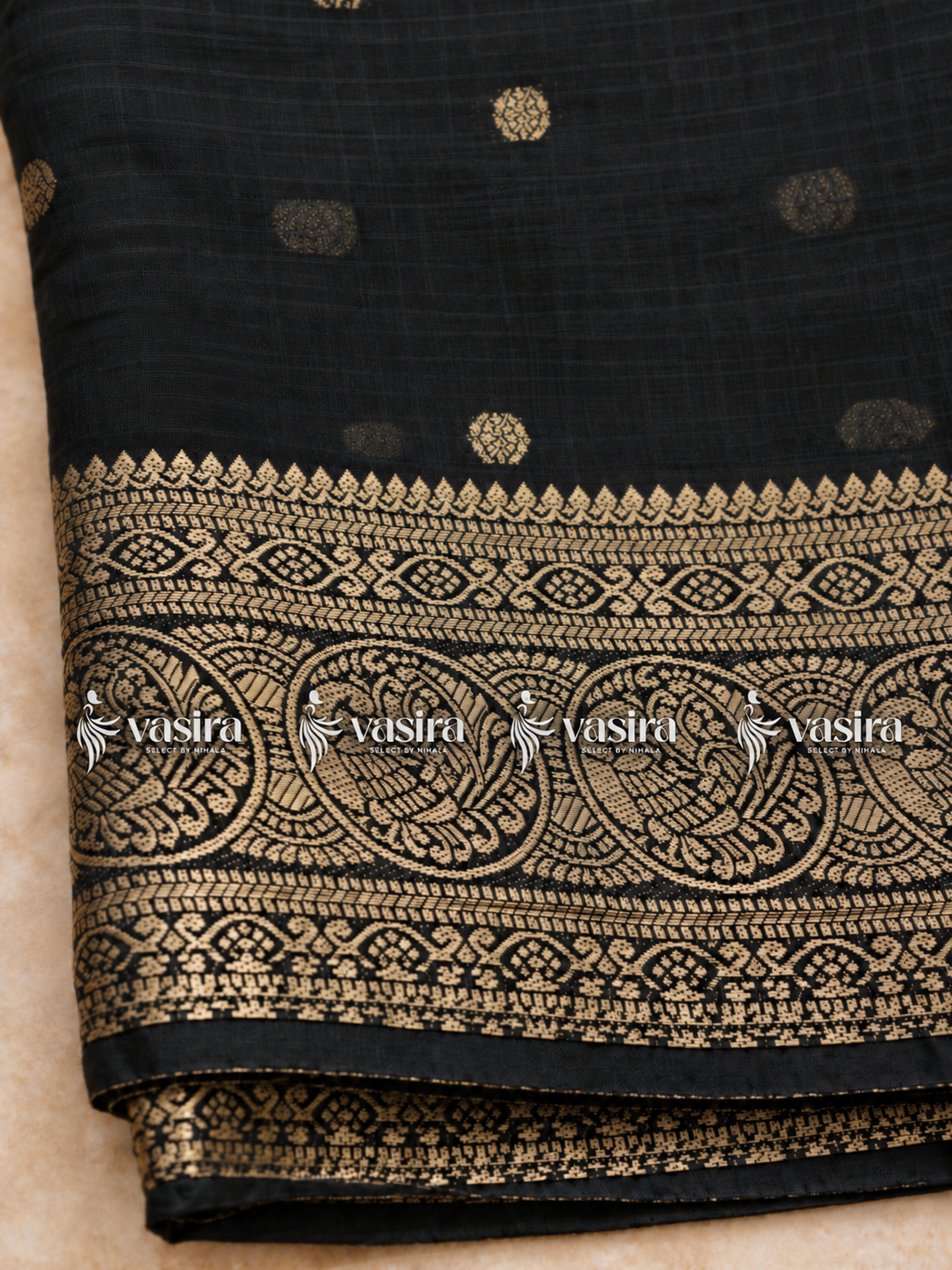 Black Manipurti linen saree with gold zari border – view 3