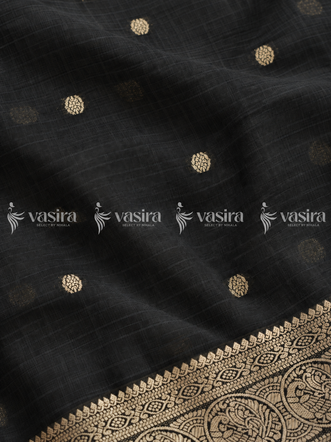 Black Manipurti linen saree with gold zari border – view 4