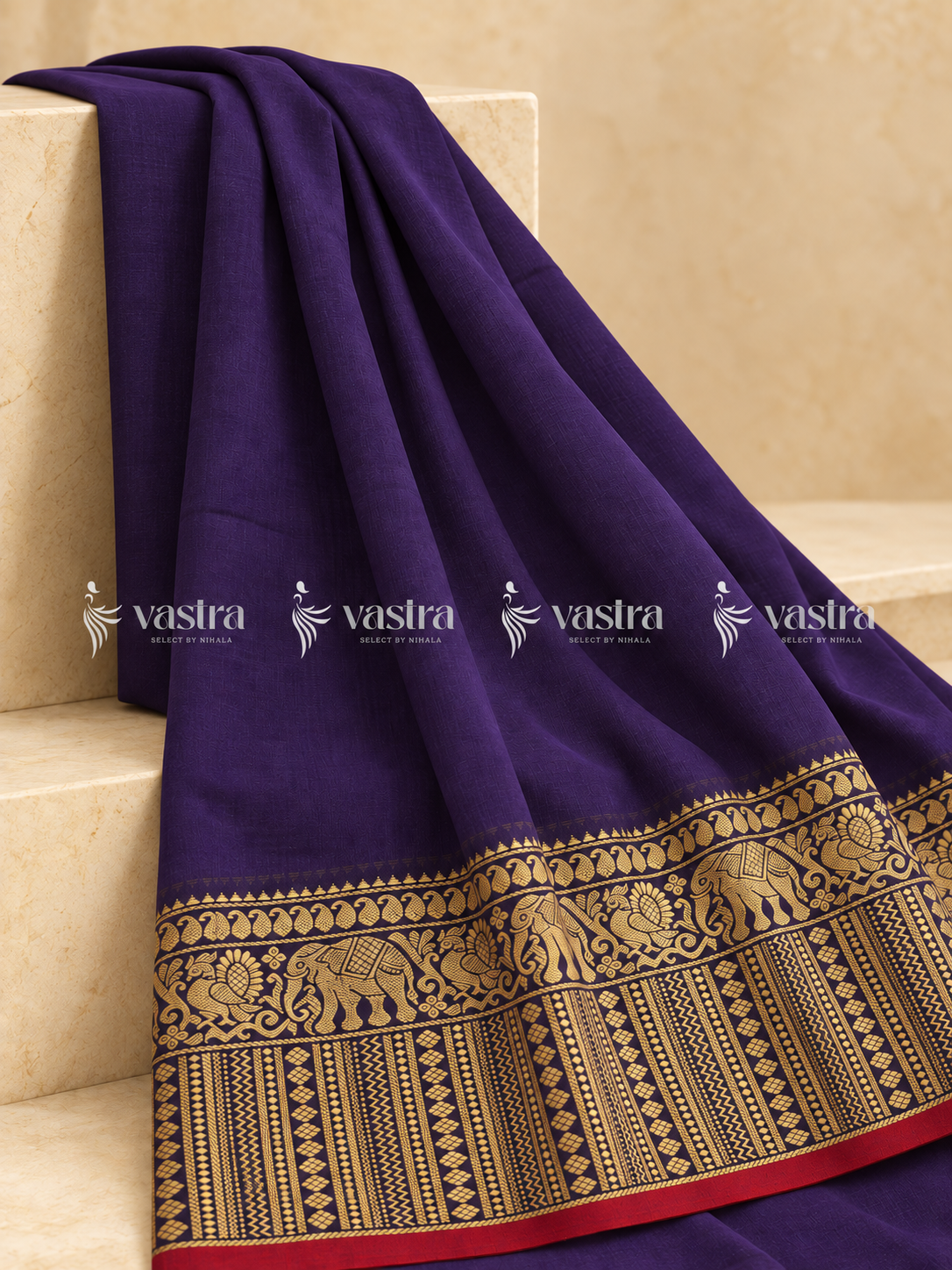 Purple Narayanpet handloom cotton saree with elephant and peacock zari border – view 1