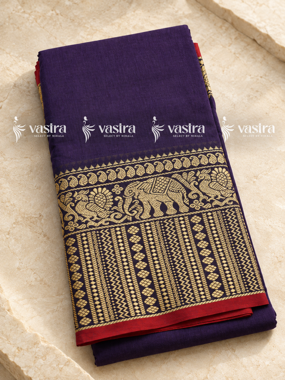 Purple Narayanpet handloom cotton saree with elephant and peacock zari border – view 2