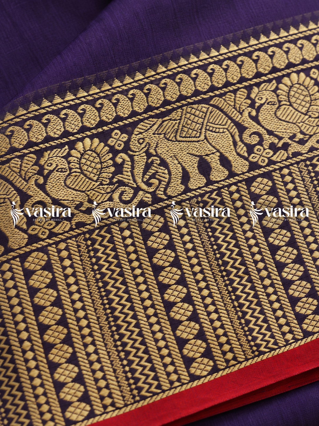 Purple Narayanpet handloom cotton saree with elephant and peacock zari border – view 3