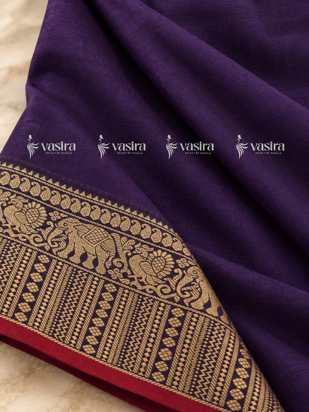 Purple Narayanpet handloom cotton saree with elephant and peacock zari border – view 4