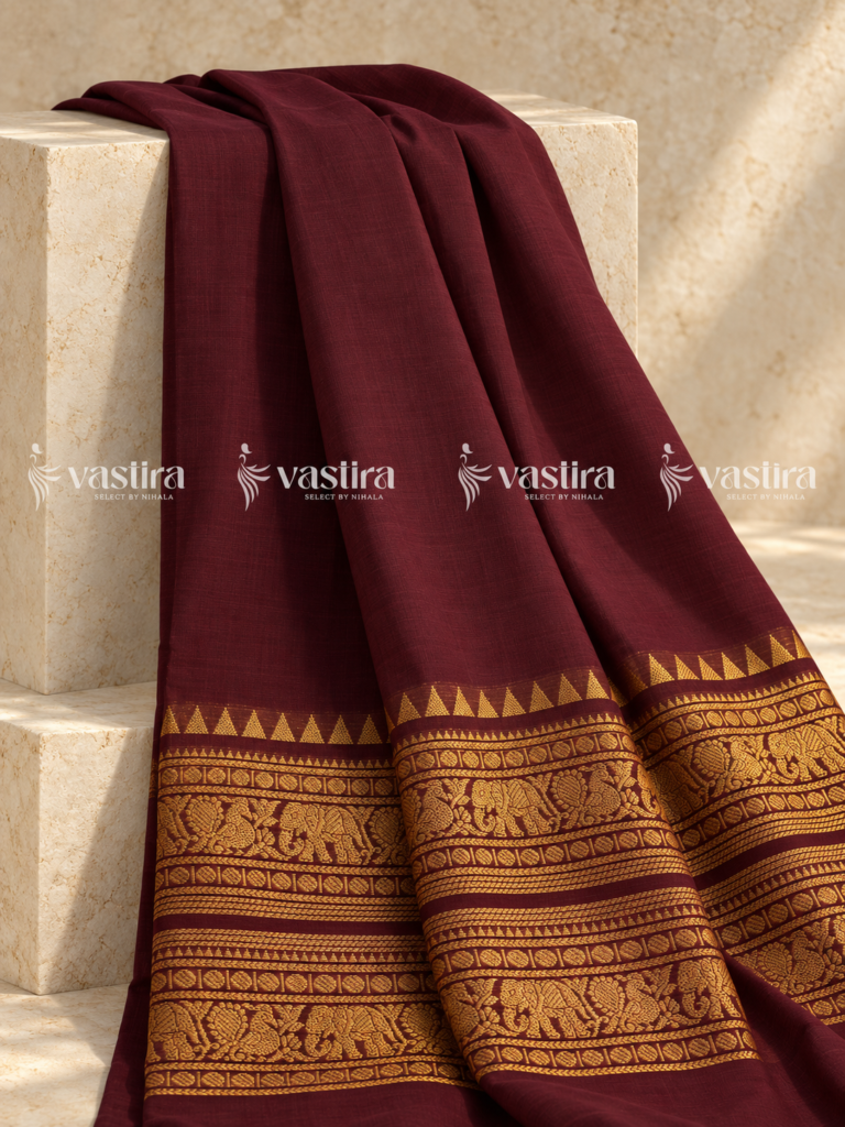 Coffee brown Kanchi cotton saree with gold elephant border – view 1