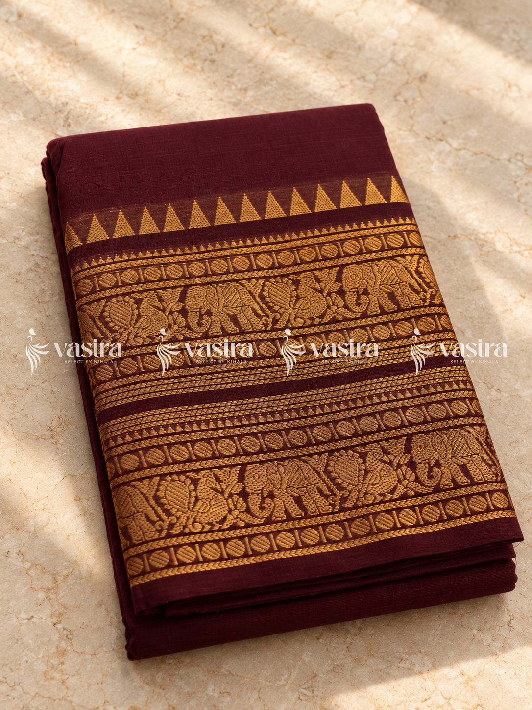 Coffee brown Kanchi cotton saree with gold elephant border – view 2