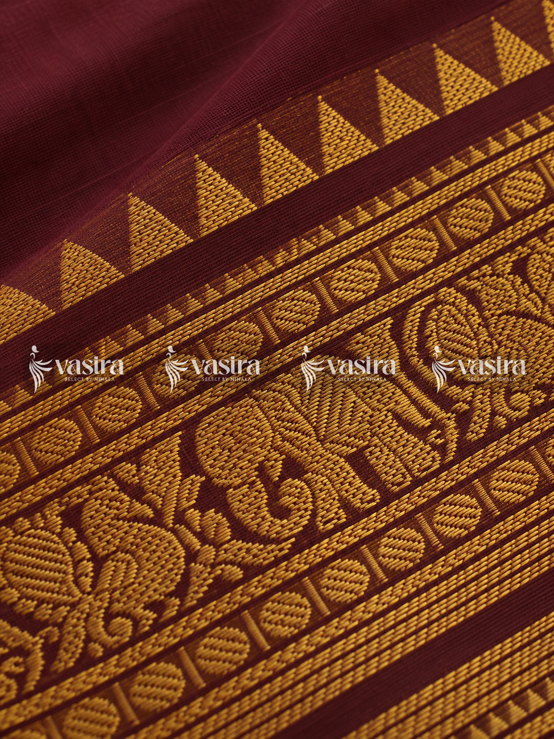 Coffee brown Kanchi cotton saree with gold elephant border – view 3