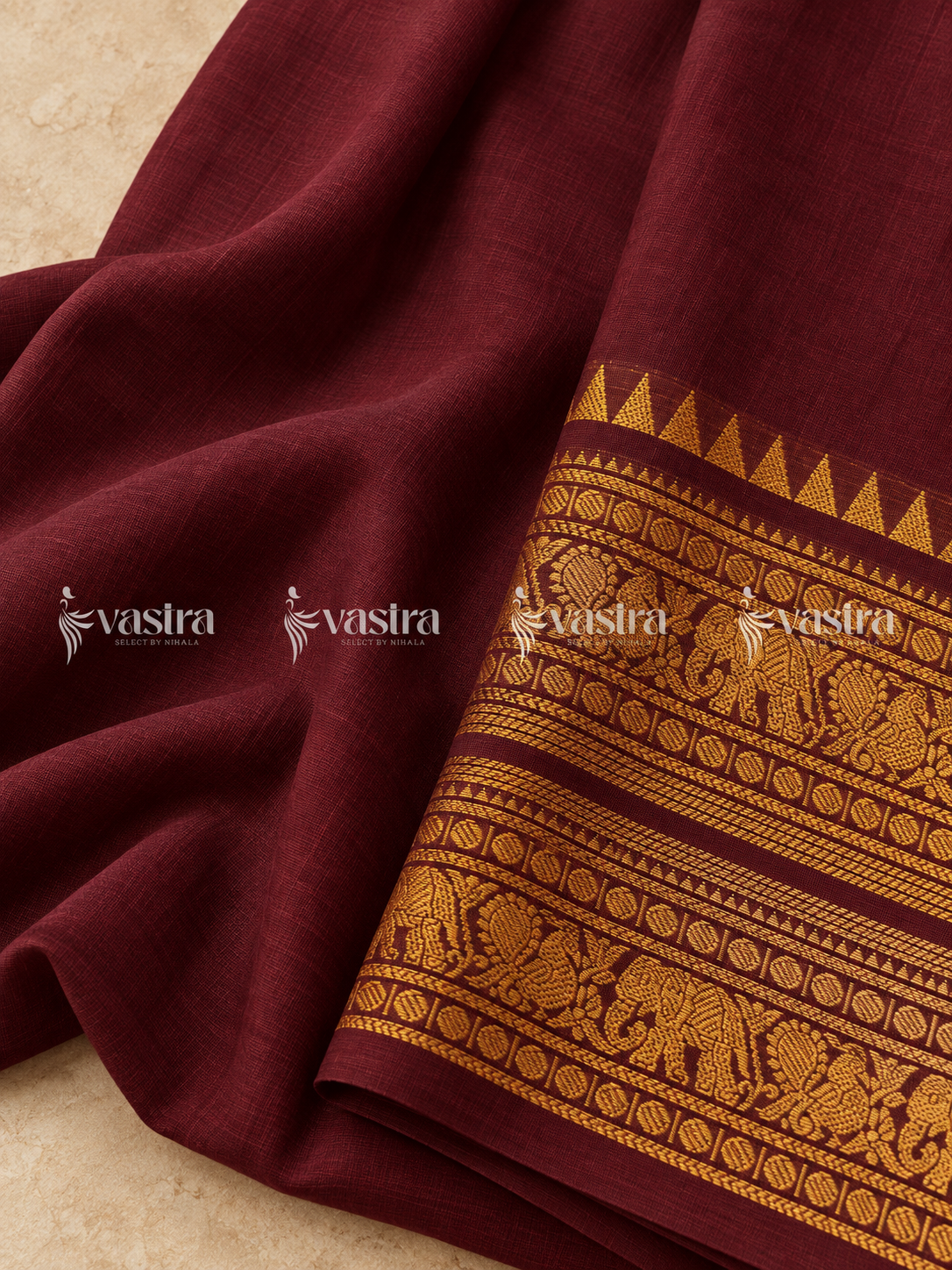 Coffee brown Kanchi cotton saree with gold elephant border – view 4