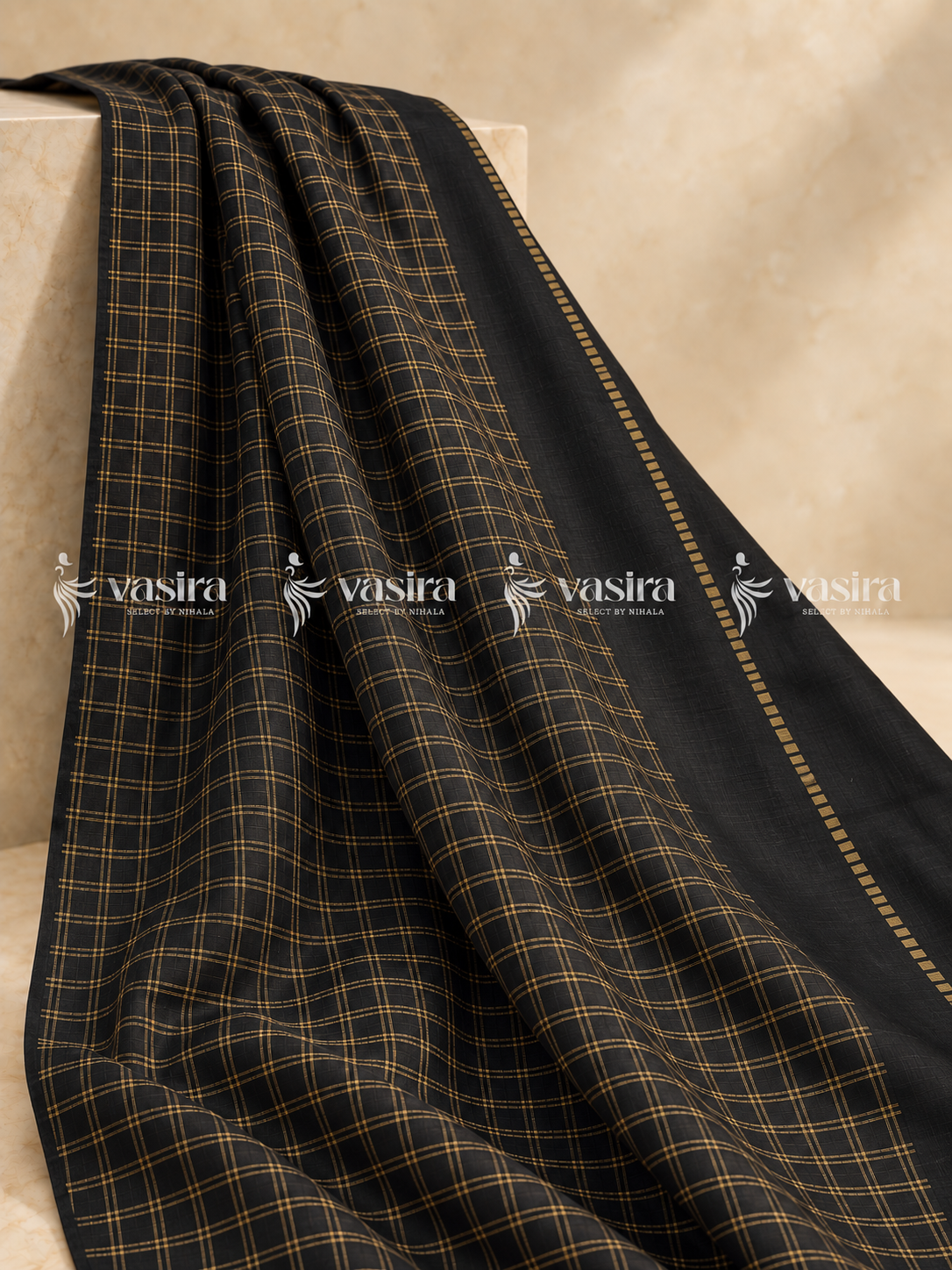 Black semi Tussar saree with gold zari checks – view 1