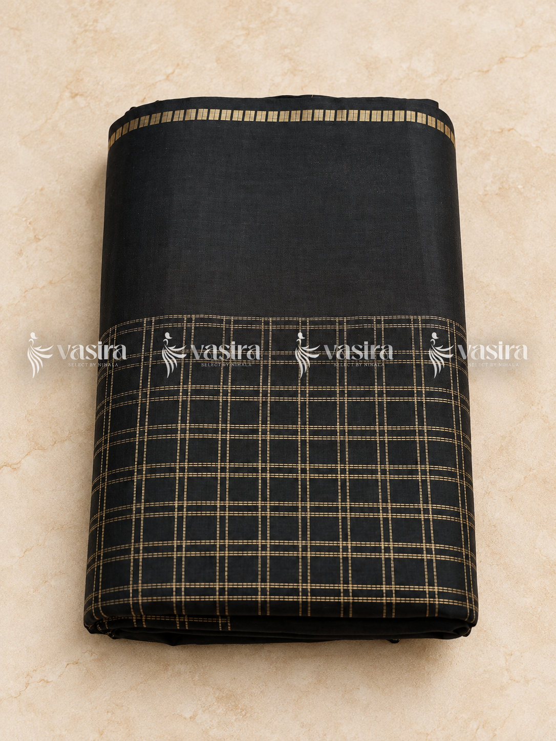 Black semi Tussar saree with gold zari checks – view 2