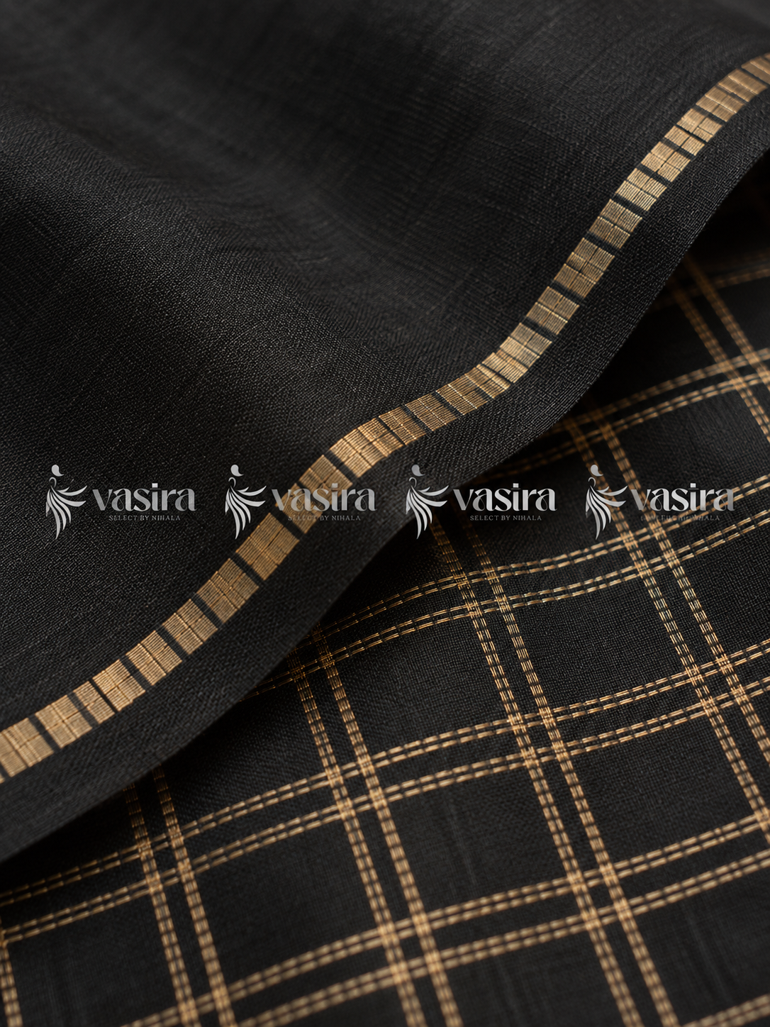 Black semi Tussar saree with gold zari checks – view 3