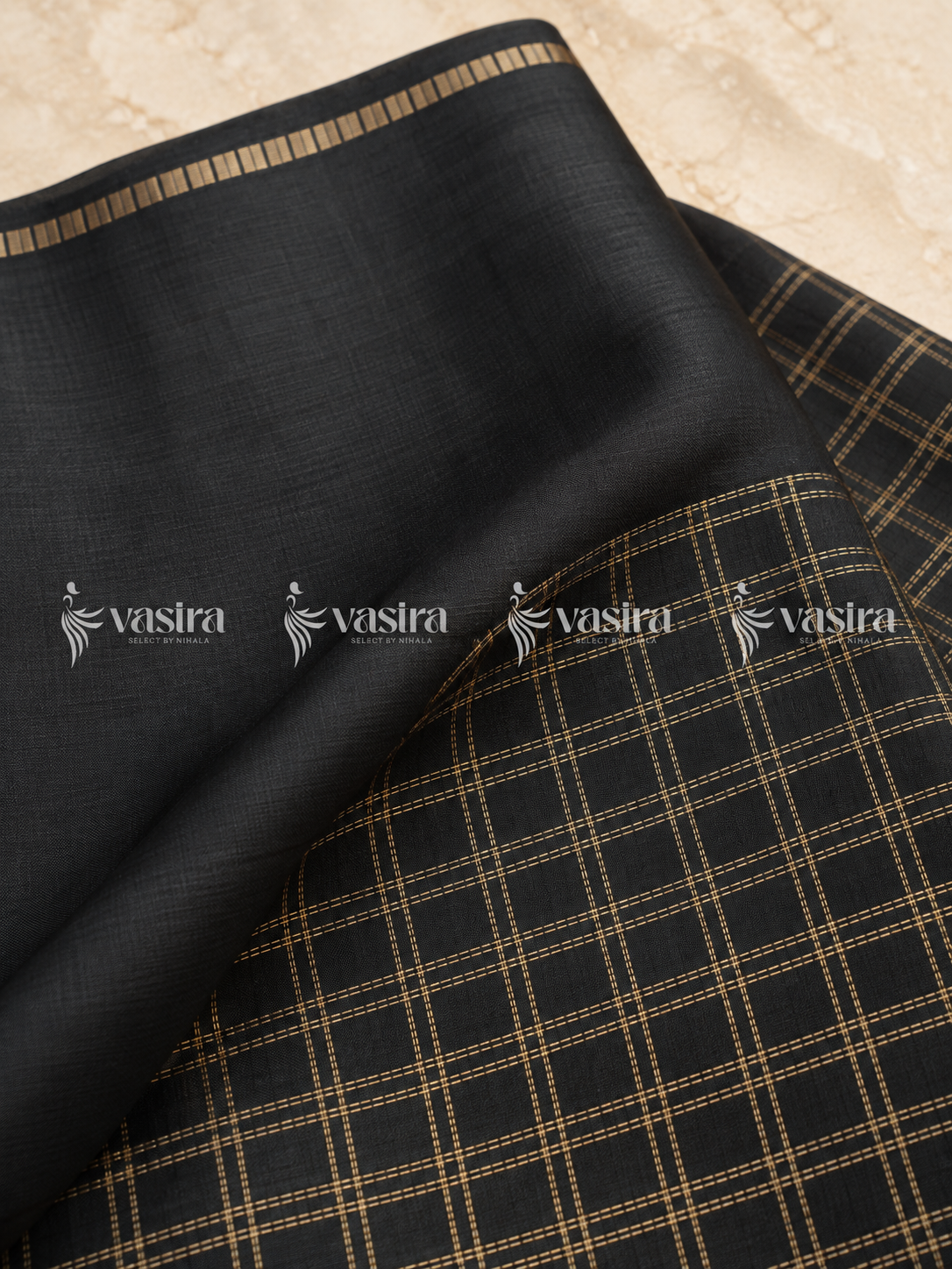 Black semi Tussar saree with gold zari checks – view 4