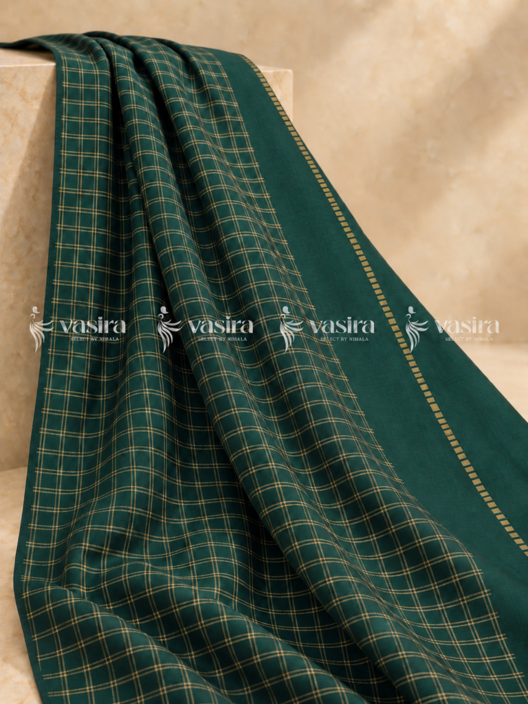 Deep Green semi Tussar saree with gold zari checks – view 1