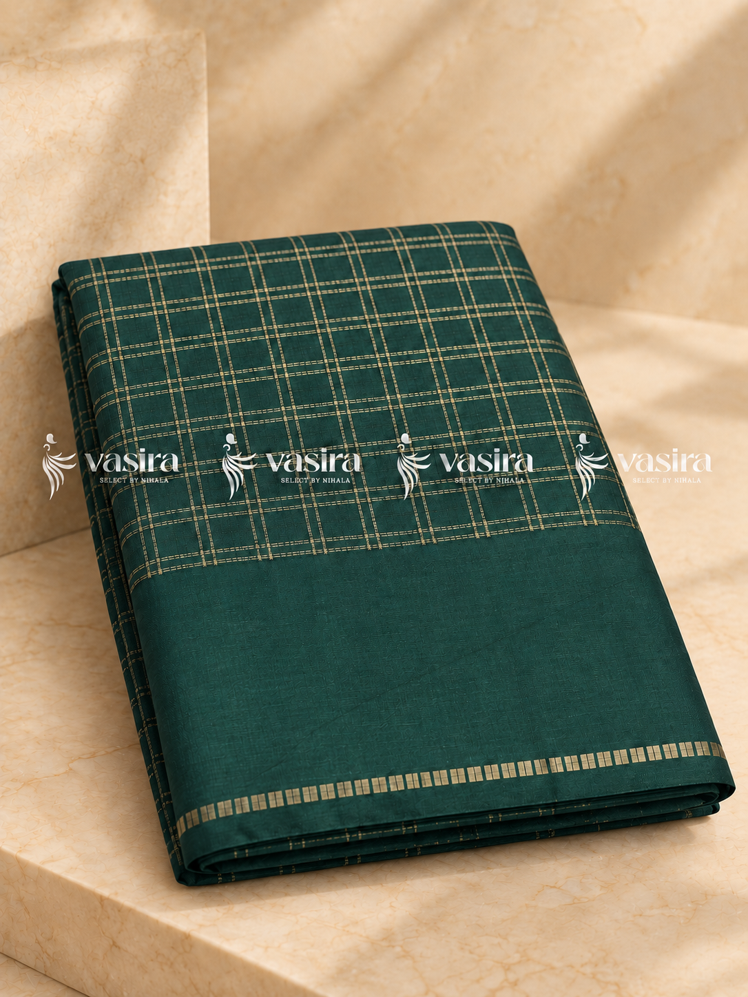 Deep Green semi Tussar saree with gold zari checks – view 2
