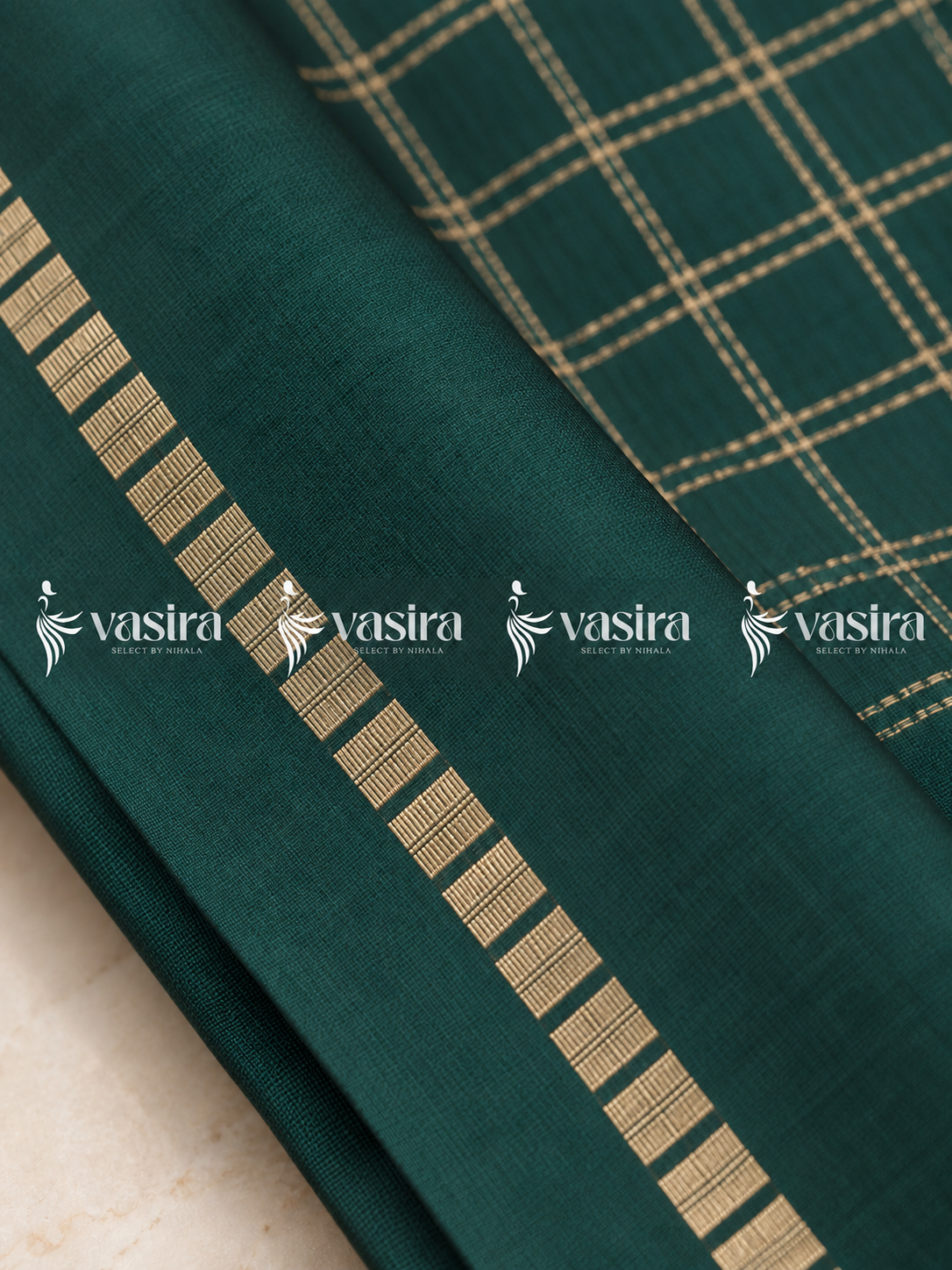 Deep Green semi Tussar saree with gold zari checks – view 3