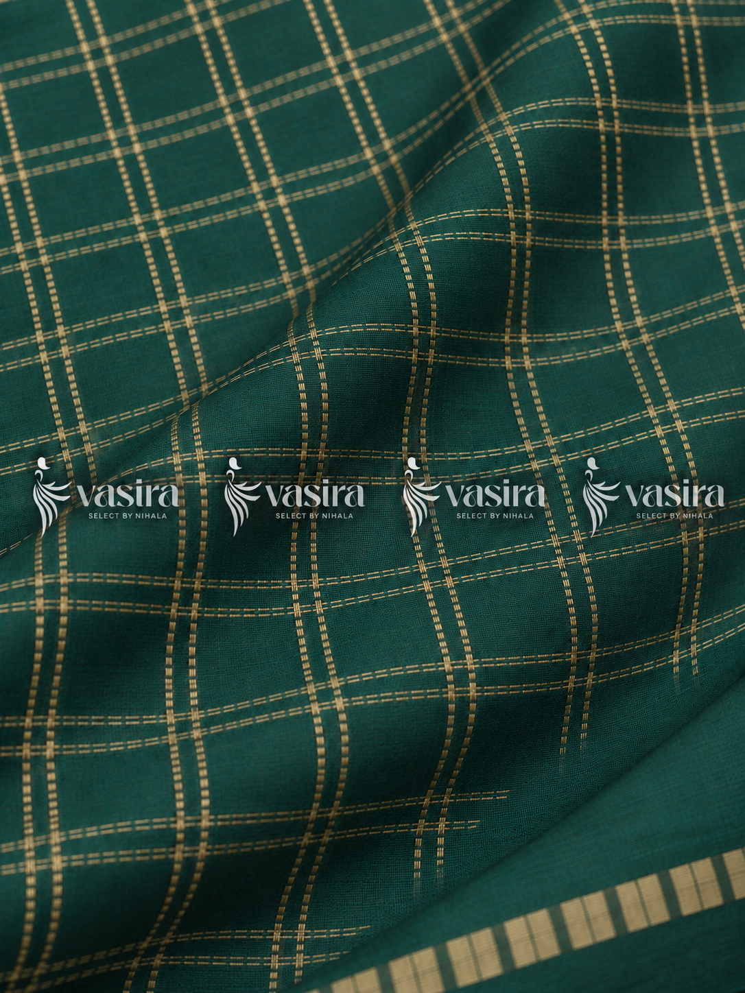 Deep Green semi Tussar saree with gold zari checks – view 4