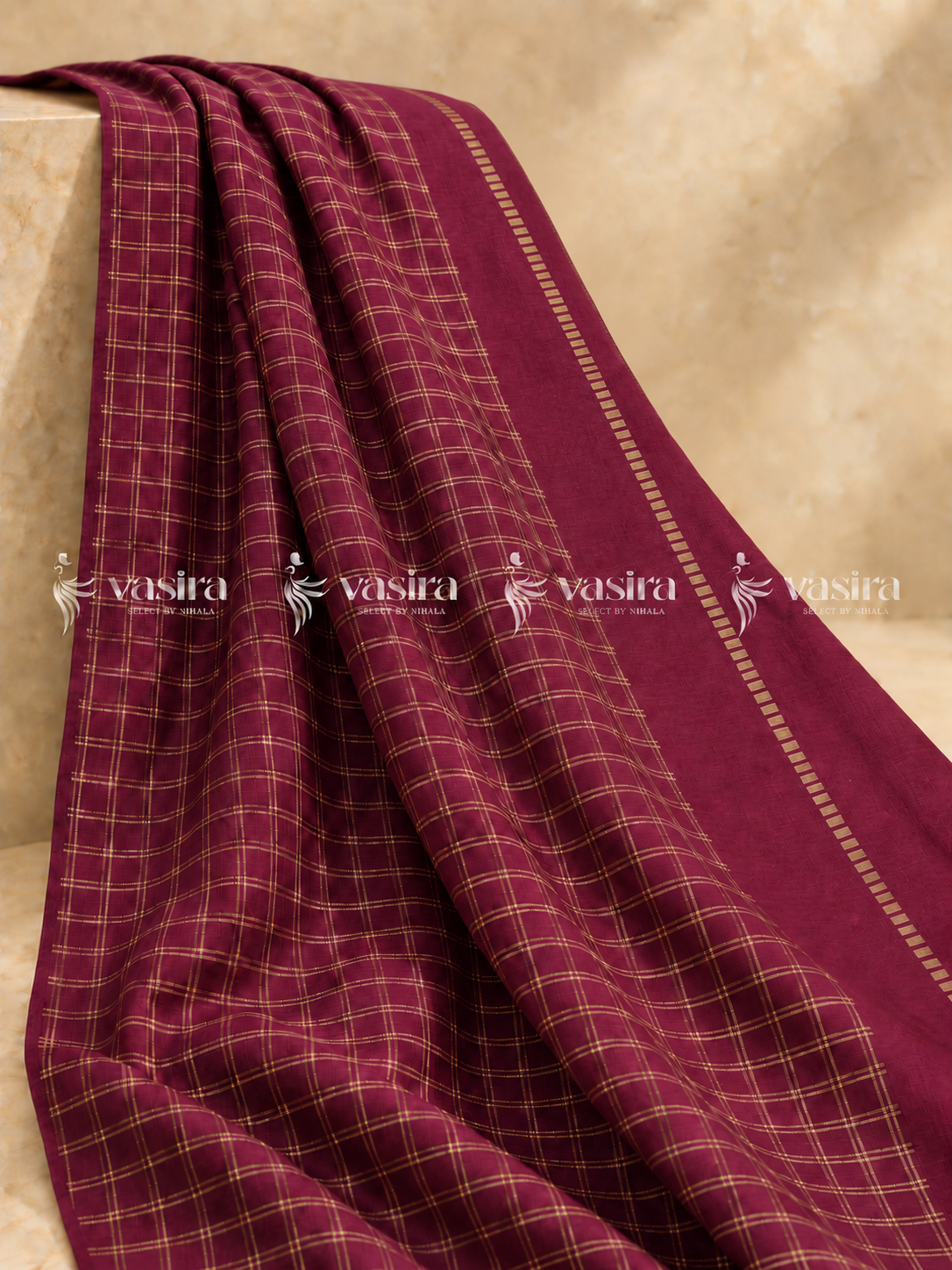 Magenta semi Tussar saree with gold zari checks – view 1