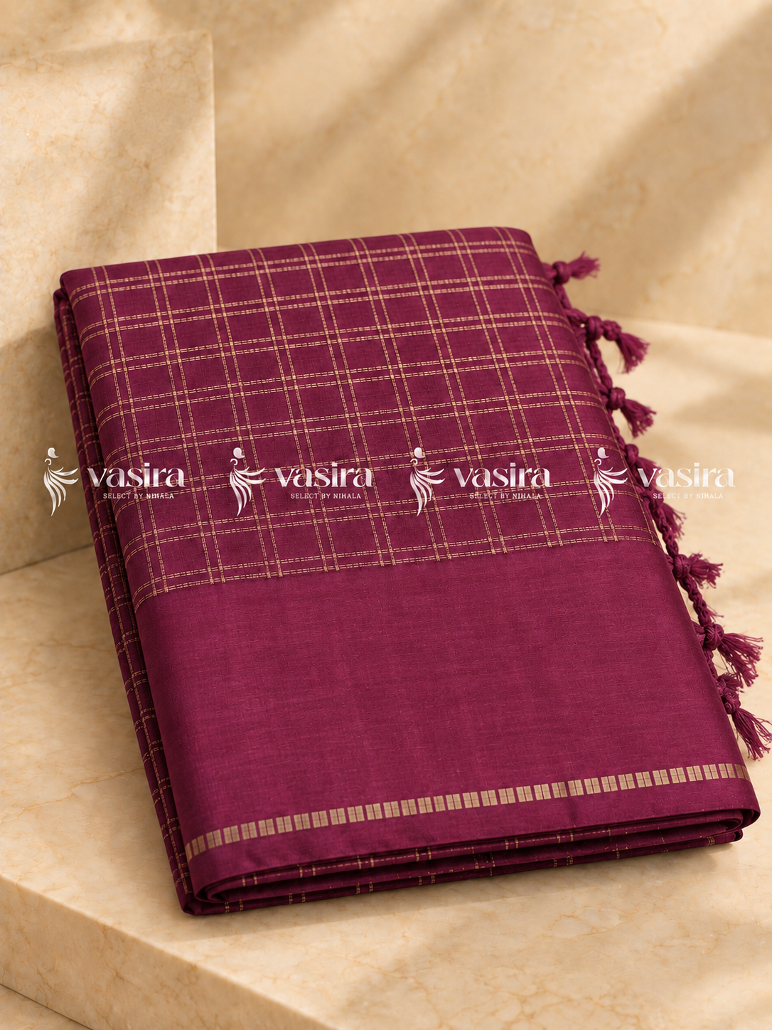 Magenta semi Tussar saree with gold zari checks – view 2