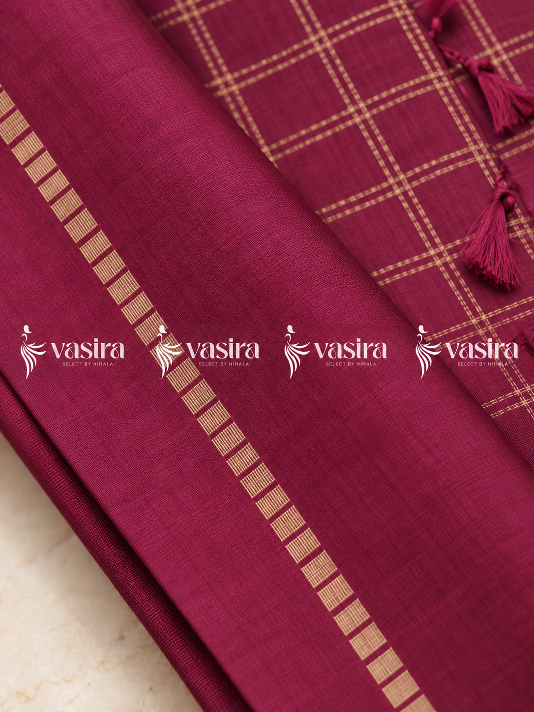 Magenta semi Tussar saree with gold zari checks – view 3