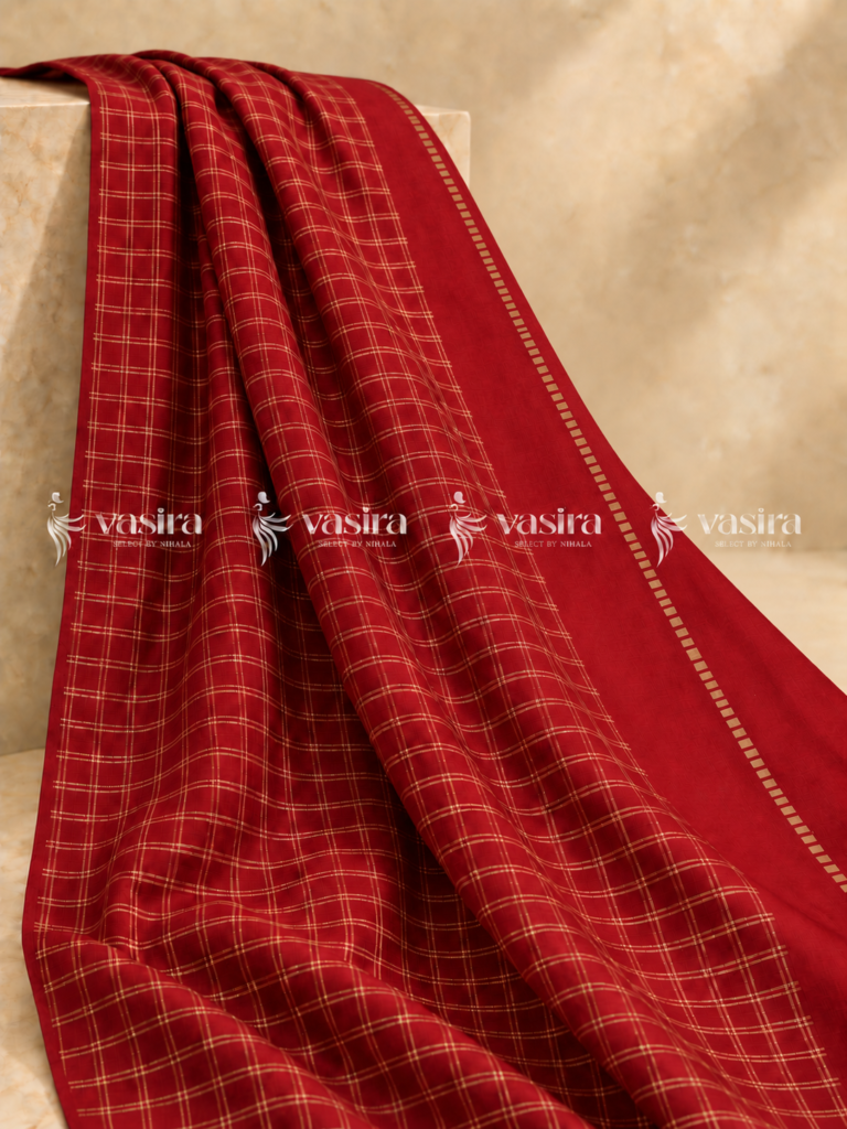Red semi Tussar saree with gold zari checks – view 1
