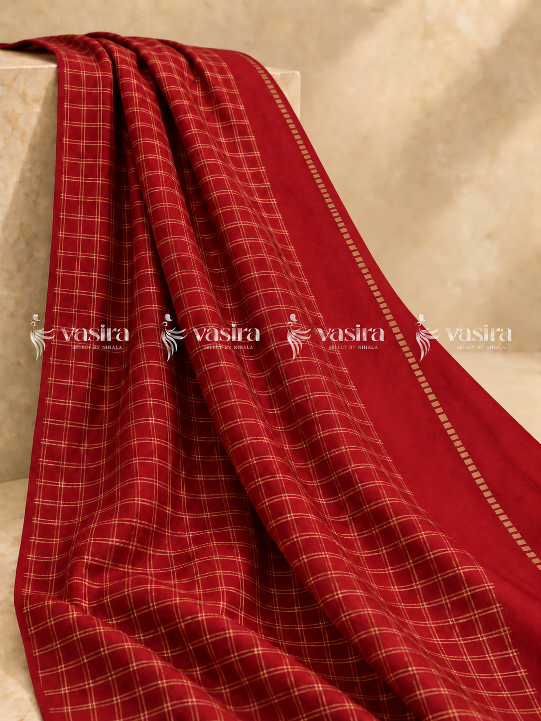 Red semi Tussar saree with gold zari checks – view 1