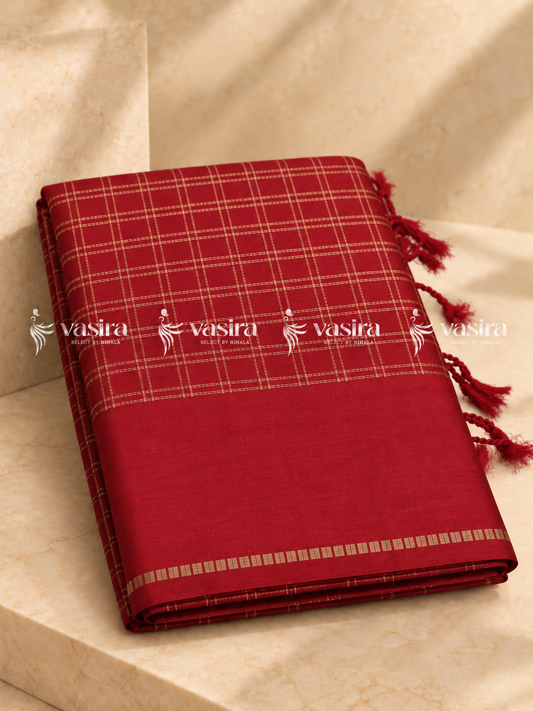 Red semi Tussar saree with gold zari checks – view 2