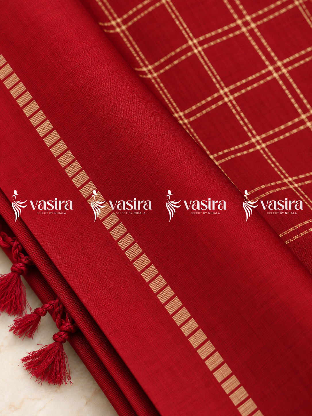 Red semi Tussar saree with gold zari checks – view 3