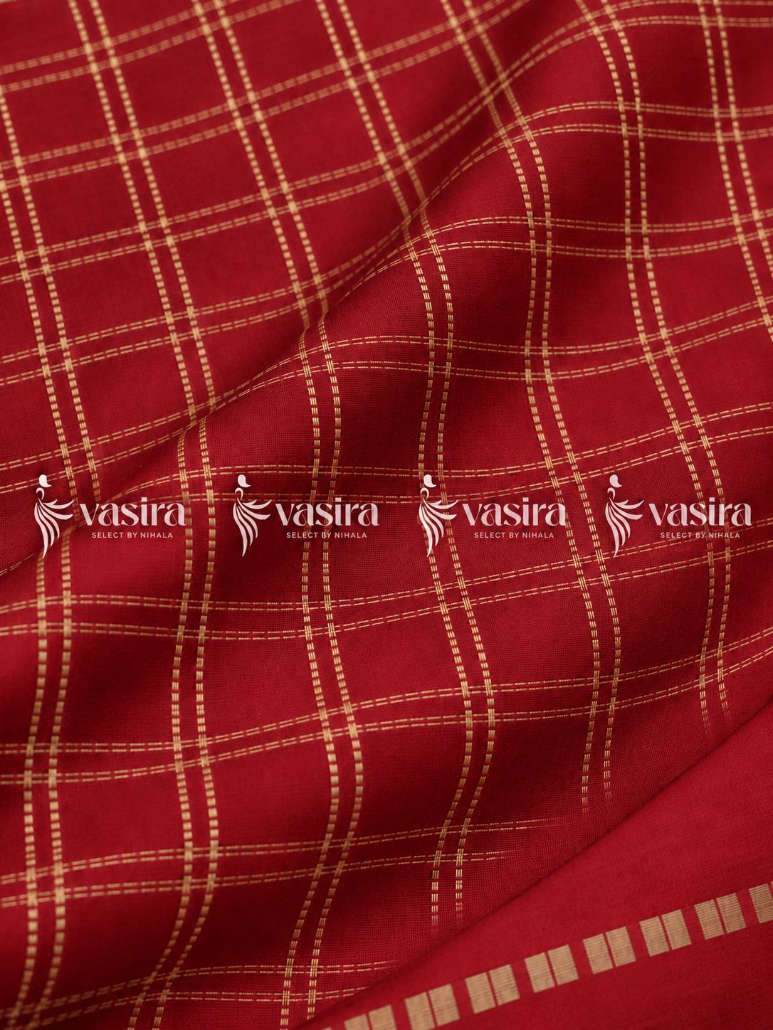 Red semi Tussar saree with gold zari checks – view 4