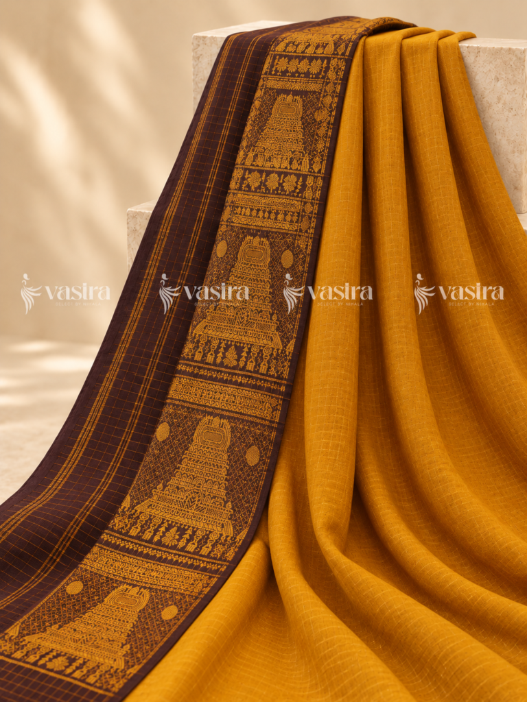 Golden mustard and dark brown Madurai Sungudi cotton saree – view 1