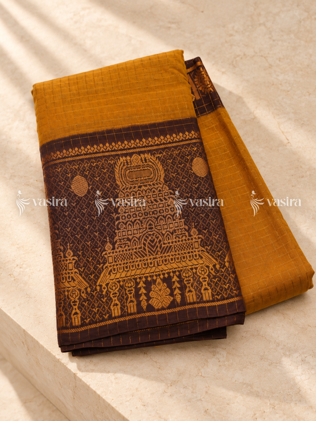 Golden mustard and dark brown Madurai Sungudi cotton saree – view 2