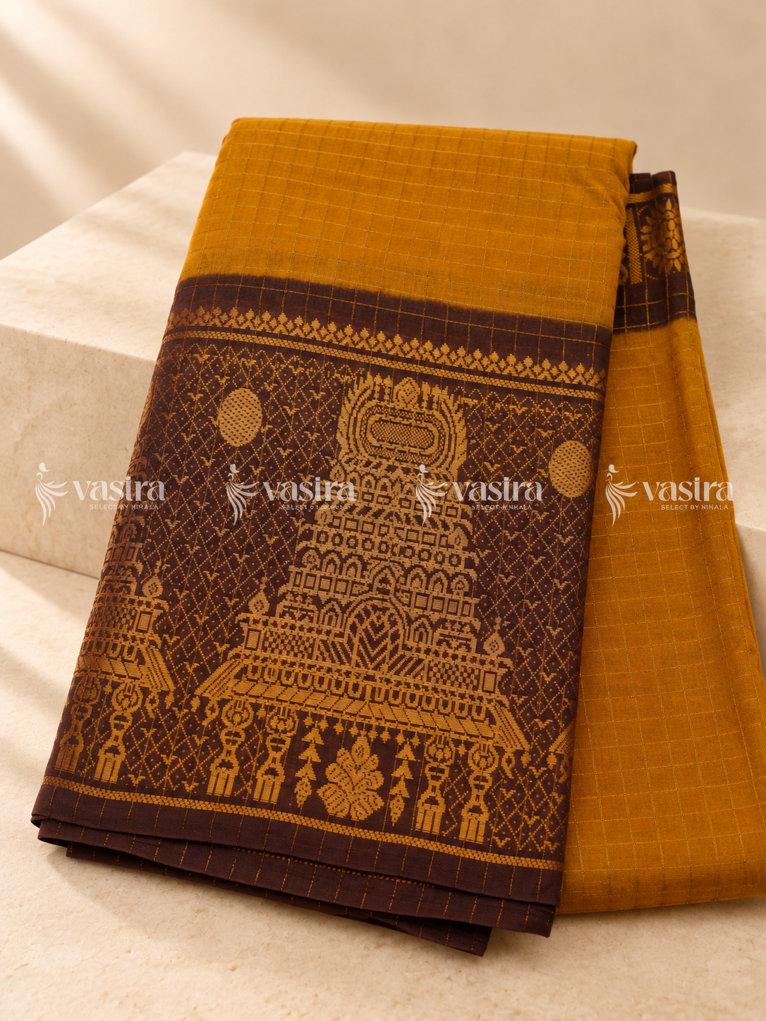 Golden mustard and dark brown Madurai Sungudi cotton saree – view 3
