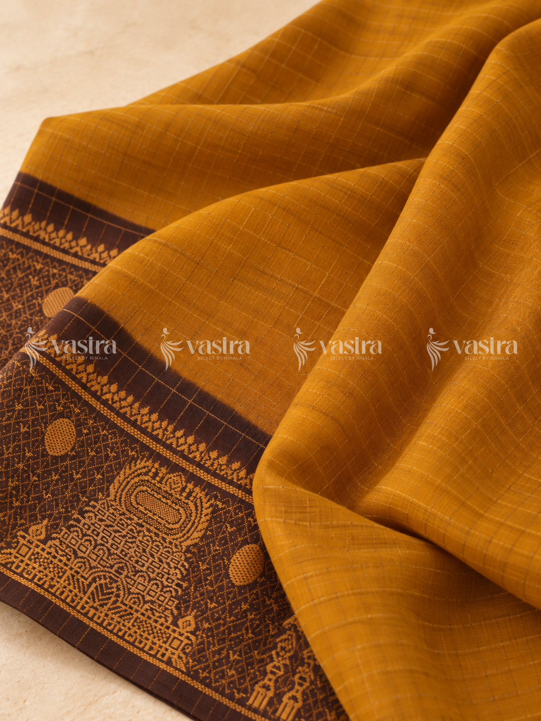 Golden mustard and dark brown Madurai Sungudi cotton saree – view 4