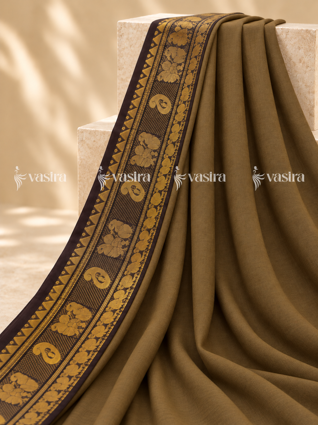 Olive brown Chettinad cotton saree with gold zari border – view 1