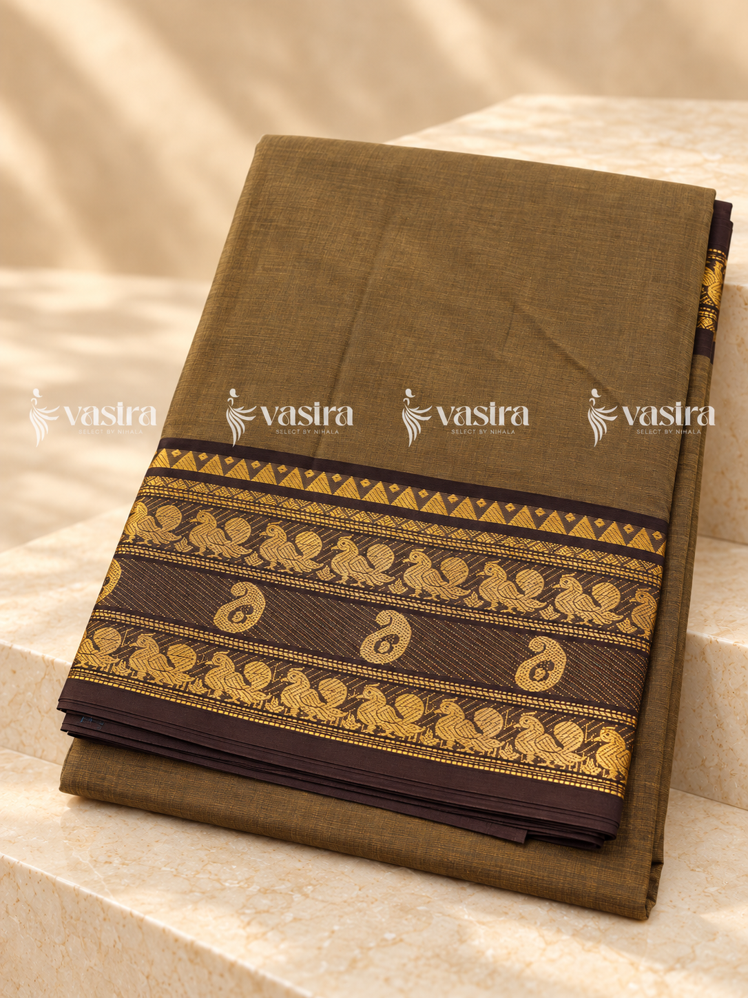Olive brown Chettinad cotton saree with gold zari border – view 2