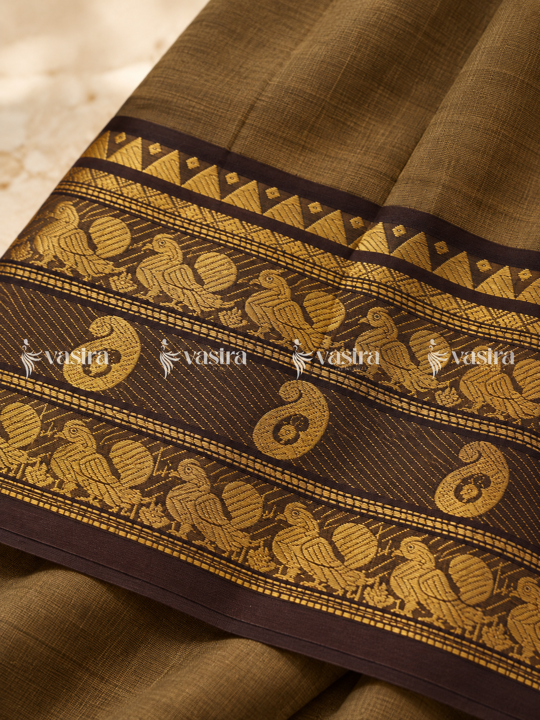 Olive brown Chettinad cotton saree with gold zari border – view 3
