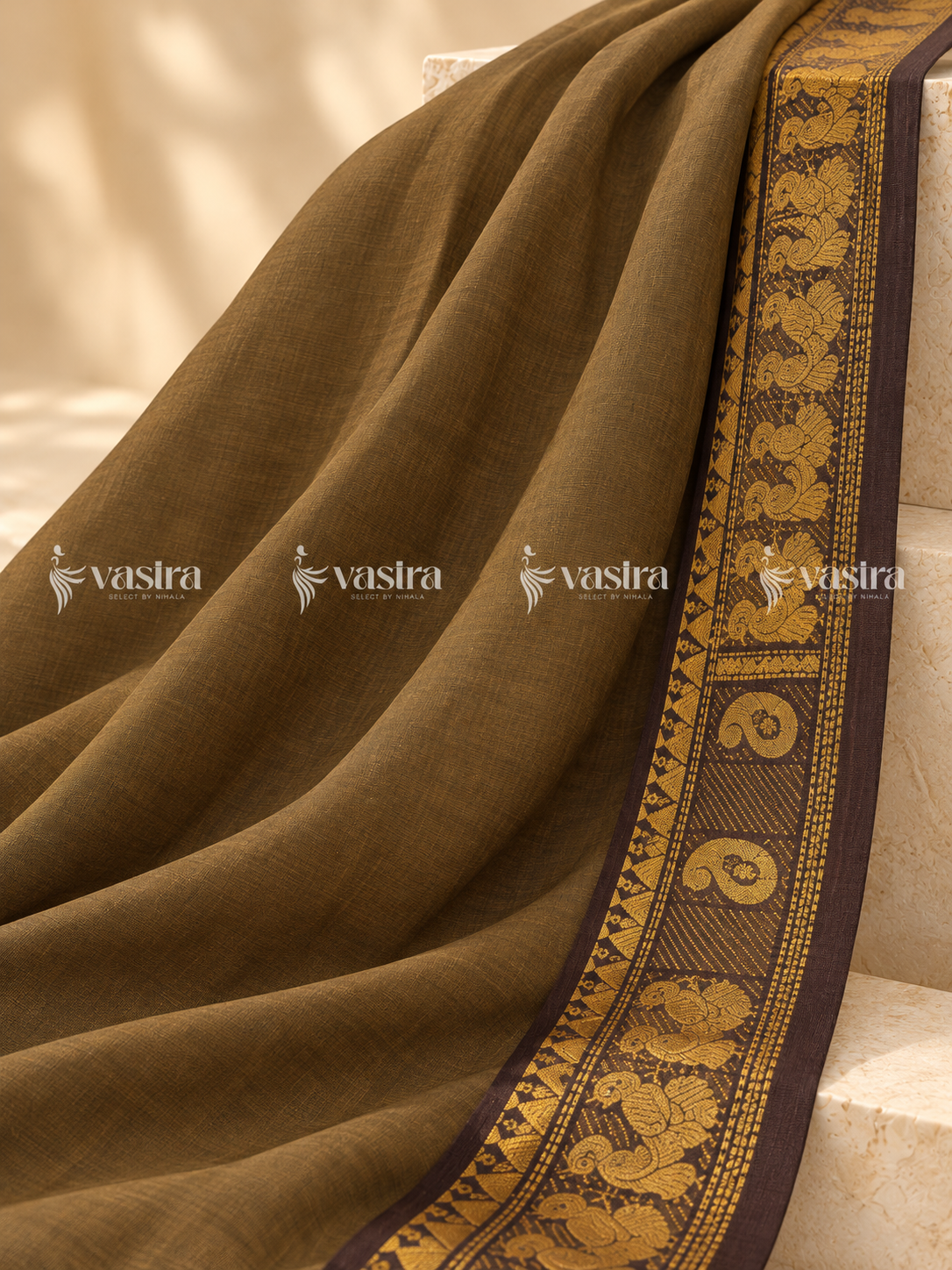 Olive brown Chettinad cotton saree with gold zari border – view 4